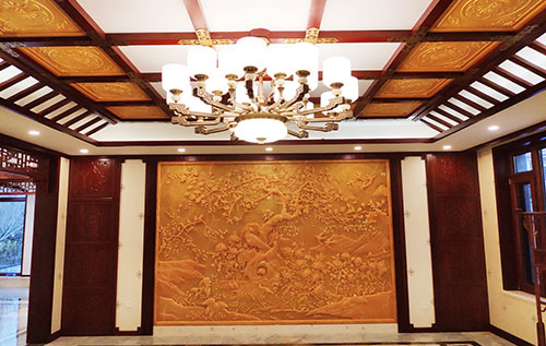 东营中式别墅客厅中式木作横梁吊顶装饰展示